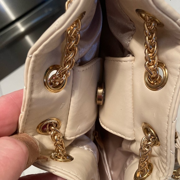 Quilted Mini Satchel Cream vegan leather. Gold-tone accents with a Tassel pull - Picture 6 of 8